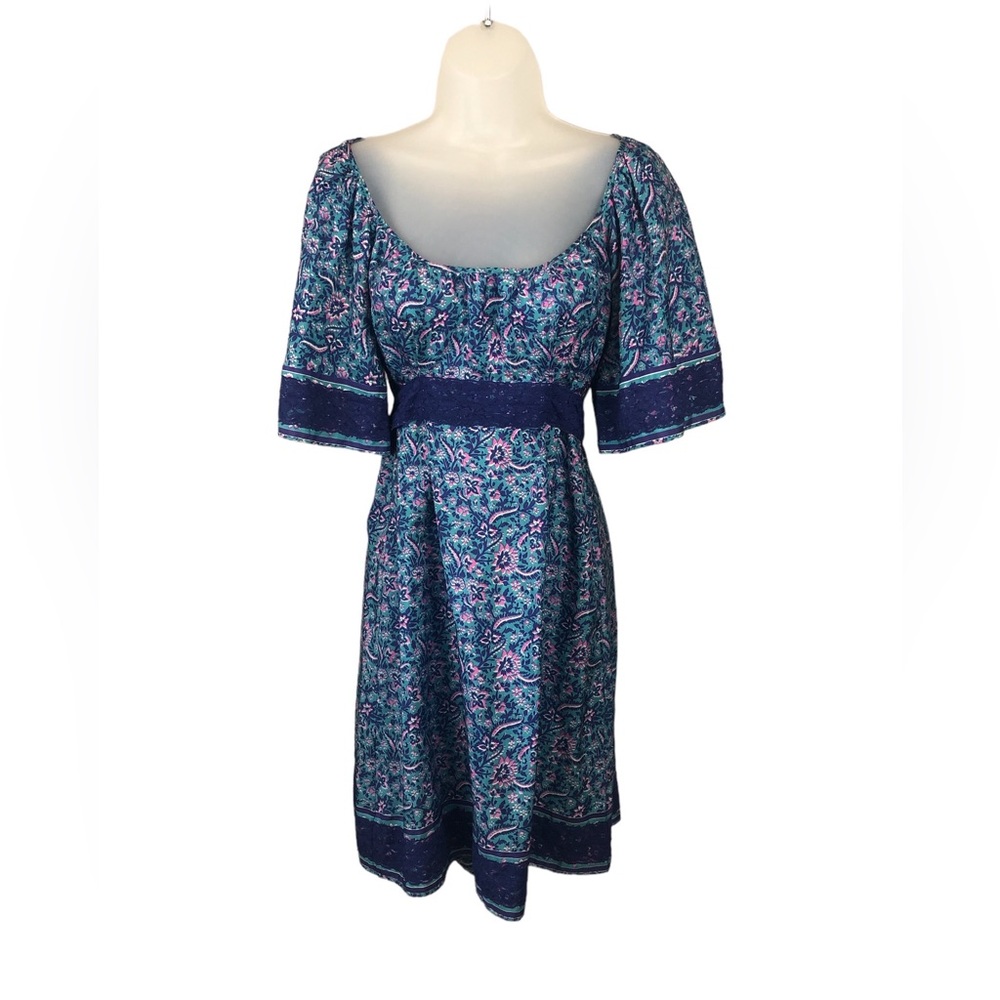 Women's Vintage Betsey Johnson Green/Blue/Pink Floral & Lace Silk Dress. Size 4.